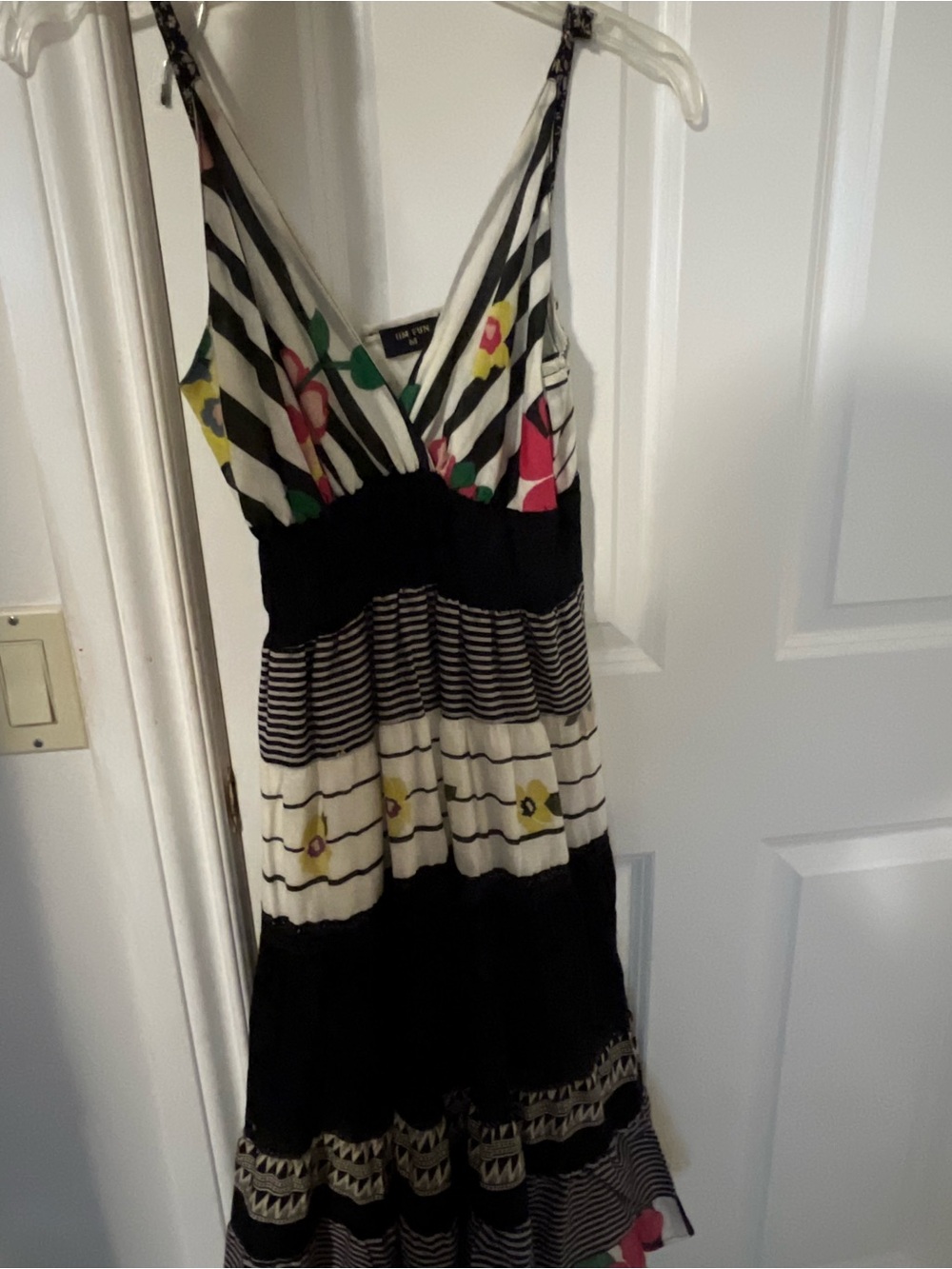 Striped & Floral Tiered Summer Dress in Black, White, Pink, Green, Yellow